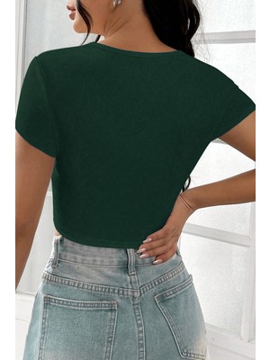 Kadın Yeşil Yarım Kol Düz Yaka Crop Top Bluz