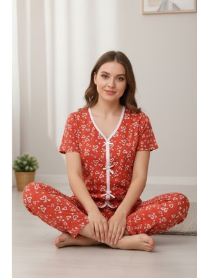 Kadın Turuncu Kalp Desenli Fiyonklu Kısa Kollu Uzun Pijama Takımı