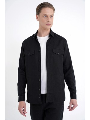 Efor Erkek Comfort Fit Yan Cepli %100 Keten Siyah Gömlek Ceket G 1602