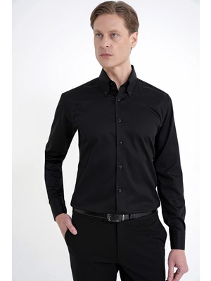Efor Slim Fit Düğmeli Yüksek Yaka %100 Pamuk Saten Düz Siyah Gömlek Gk 760