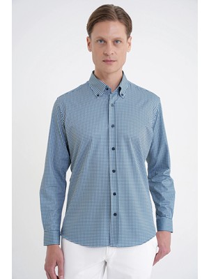 Efor Erkek Slim Fit Pötikare Baskılı Pamuklulu Yaka Düğmeli Yeşil Gömlek G 1604