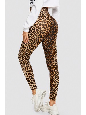 Kadın Leopar Desenli Yüksek Bel Dar Kesim Esnek Tayt