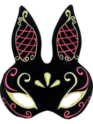 Kont Siyah Renk Kırmızı Gold Simli Siyah Süet Kaplama Tavşan Maskesi 18X16 cm (5067)