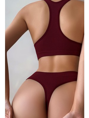 Kadın Bordo Desteksiz Seamless Tangalı Iç Çamaşır Takımı
