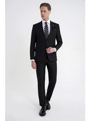 Efor Slim Fit Mono Yaka Esnek Yünlü Siyah Çizgili Takım Elbise Tk 942