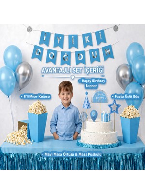 Dizayn Parti Evi Dzyn Mavi Doğum Günü Süsleri Seti Iyi Ki Doğdun Banner Pasta Üstü Süs 8’li Mısır Kutusu Masa Örtüsü Püskül Seti