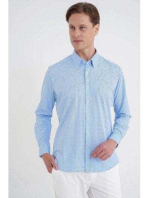 Efor Slim Fit Yaka Düğmeli Baskılı Pamuklu Mavi Gömlek G 1605