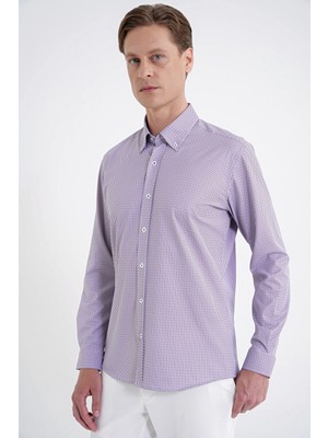 Efor Slim Fit Yaka Düğmeli Baskılı Pamuklu Bordo Gömlek G 1606