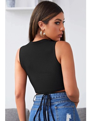 Kadın Siyah Çapraz Bağlamalı Crop Top Büstiyer