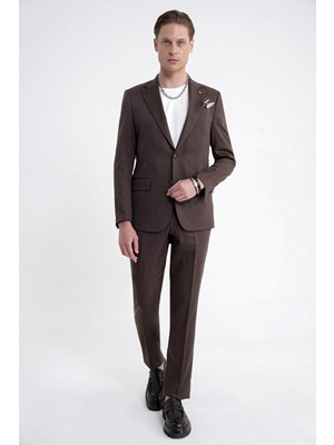 Efor Slim Fit Mono Yaka %97 Tencel Kumaş Çift Yırtmaç Esnek Kahverengi Takım Elbise TK 941
