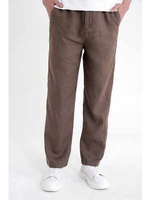Efor Oversize Kalıp Yan Cep Beli Lastikli Vizon Keten Pantolon P 1216