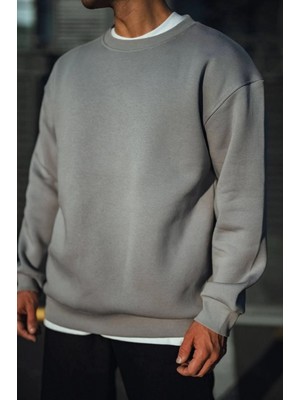 Pileli Store Kışlık Bisiklet Yaka Üç Iplik Basic Sweatshirt - Boyalı Gri -