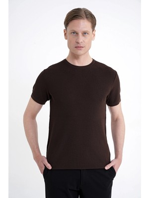 Efor Erkek Comfort Fit Rayon Karışımlı Bisiklet Yaka Kahverengi Tişört TS 925