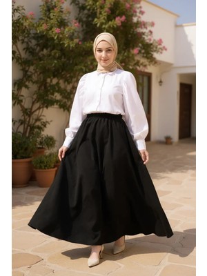 Kadın Siyah Double Kumaş Beli Lastikli Cepli Etek