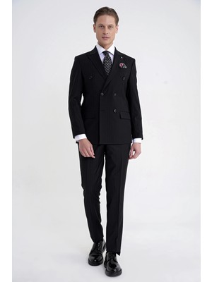 Efor Slim Fit Çift Yırtmaç %95 Pamuk Siyah Çizgili Kruvaze Takım Elbise TK 945