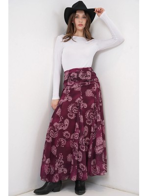 Hiccup Kadınlar BDART Yüksek Bel Paisley Desenli Maxi Etek Bordo Kırmızı