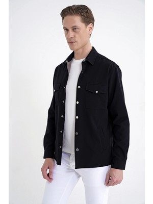 Efor Comfort Fit Esnek Pamuklu Önü Çıtçıtlı Çift Taraflı Siyah Gömlek Ceket C 730
