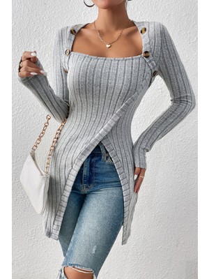 Kadın Gri Düğme Detaylı Kare Yaka Fitilli Asimetrik Etekli Uzun Kollu Bluz