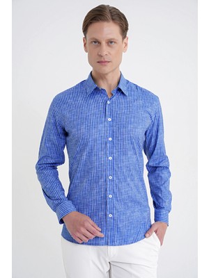 Efor Erkek Slim Fit Klapa Yaka Esnek Pamuklulu Koyu Mavi Çizgili Gömlek G 1599