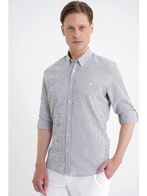 Efor Comfort Fit Katlanır Kol Düğme Yaka %100 Pamuk Siyah Beyaz Çizgili Gömlek G 1600