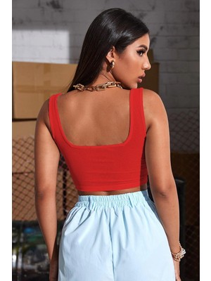 Kadın Kırmızı Kalın Askılı Crop Top Büstiyer