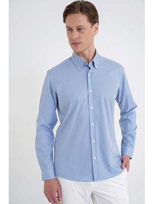 Efor Erkek Slim Fit Yaka Düğmeli Baskılı Pamuklulu Mavi Gömlek G 1606