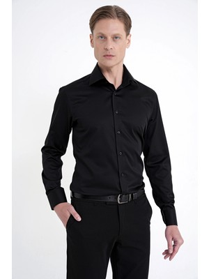 Efor Slim Fit Italyan Yaka %100 Pamuk Saten Düz Siyah Gömlek Gk 759