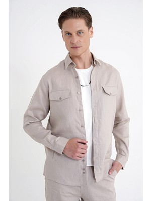 Efor Comfort Fit Yan Cepli %100 Keten Taş Gömlek Ceket G 1602