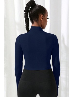 Kadın Lacivert Uzun Kol Fermuarlı Parmak Geçme Detaylı Dik Yaka Crop Top Bluz