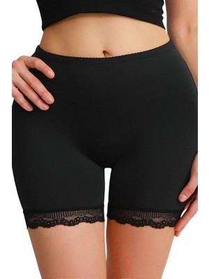 Kadın Siyah Pop Up Kalça Kaldırıcı ve Sekillendirici Dantel Paçalı Şort Külot