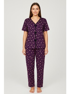 Kadın Mor Kalp Desenli Fiyonklu Kısa Kollu Uzun Pijama Takımı
