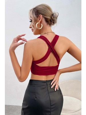 Kadın Bordo Çapraz Sırt Detaylı Şık Crop Top Büstiyer