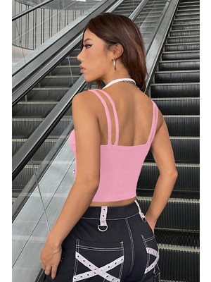 Kadın Pembe Beyaz Çift Renk Çapraz Askılı Crop Top Bluz