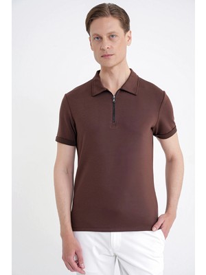 Efor Erkek Slim Fit Esnek Pamuklu Fermuarlı Kahverengi Polo Yaka Tişört TS 926