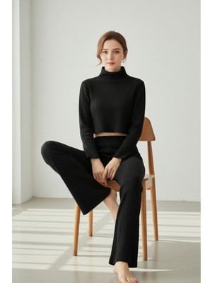 Kadın Siyah Fitilli Eşofman Takımı – Crop Uzun Kollu Üst & Paça Pantolon, Şık Günlük Set