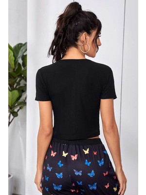 Kadın Siyah Çift Fermuarlı Yarım Kol Crop Top Bluz