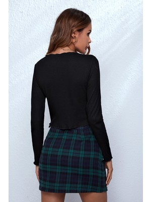 Kadın Siyah Uzun Kollu Önden Bağlama Detaylı Crop Top Bluz