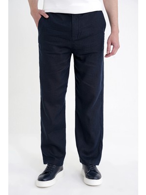 Efor Erkek Oversize Kalıp Yan Cep Beli Lastikli Lacivert Keten Pantolon P 1216