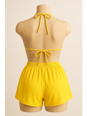Kadın Sarı Şortlu Belden ve Boyundan Bağlamalı Bikini Takımı