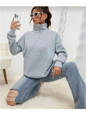 Pileli Store Uzun Kol Yarım Farmuarlı Yakalı Basic Sweatshirt - Gri -