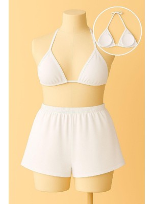 Kadın Beyaz Şortlu Belden ve Boyundan Bağlamalı Bikini Takımı