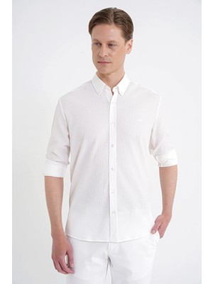 Efor Comfort Fit Katlanır Kol Düğme Yaka %100 Pamuk Ekru Çizgili Gömlek G 1600