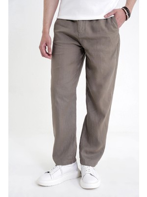 Efor Erkek Oversize Kalıp Yan Cep Beli Lastikli Haki Keten Pantolon P 1216