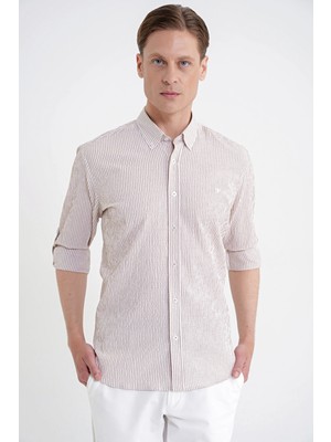 Efor Comfort Fit Katlanır Kol Düğme Yaka %100 Pamuk Bej Çizgili Gömlek G 1600