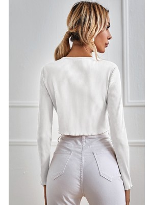 Kadın Beyaz Uzun Kollu Önden Bağlama Detaylı Crop Top Bluz