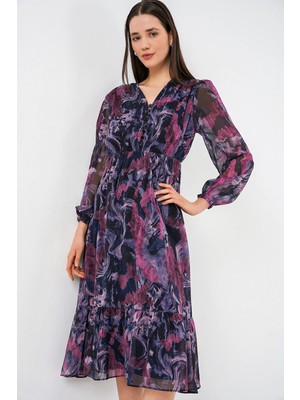 Hiccup Kadınlar Bdart Düğmeli V-Yaka Midi Elbise Lila Mor