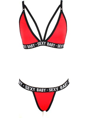 Kadın Kırmızı Yazı Detaylı Ipli Sütyen Takımı