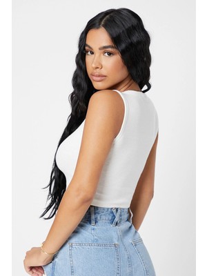 Kadın Beyaz Kare Yaka Crop Top Bluz