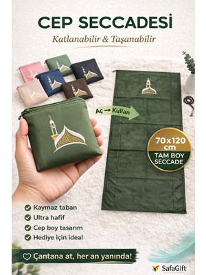 Safa Gift Kaliteli Taşınabilir Ergonomik Cep Boy Seccade, Fermuarlı Portatif Cep Seccadesi,seyahat Boy Seccade