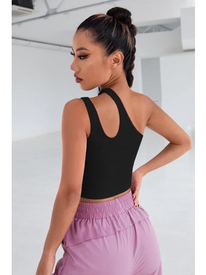 Kadın Siyah Tek Omuz Cut Out Detaylı Crop Top Bluz